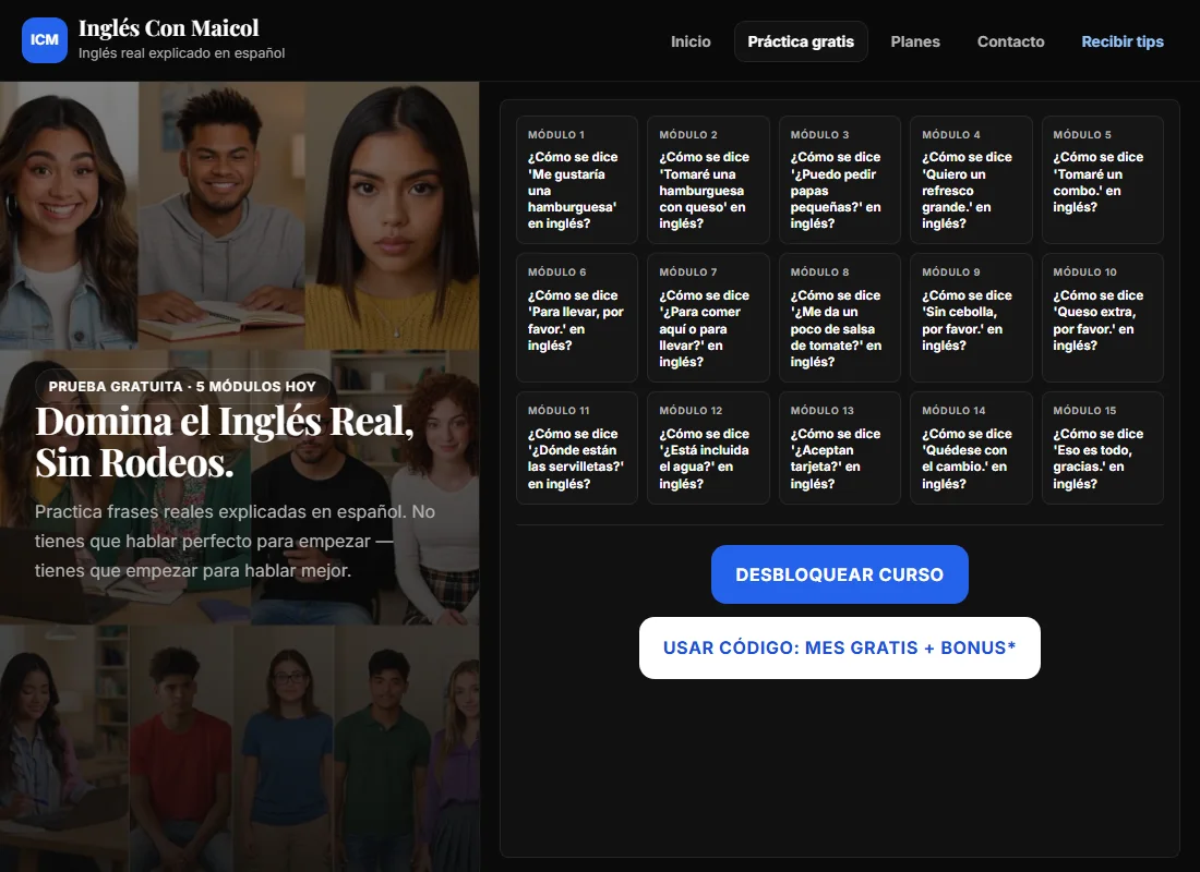 Vista de la práctica de inglés de Inglés Con Maicol