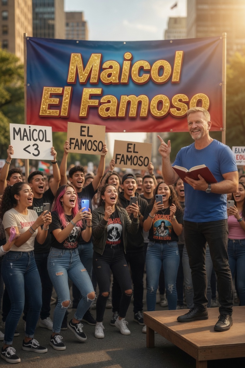 Maicol El Famoso fan crowd and signs